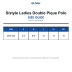 64800L Gildan S/style Ladies Double Pique Polo size guide (64800L)