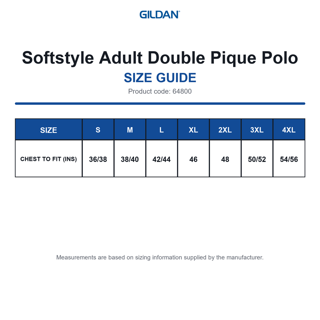 64800 Gildan Softstyle Adult Double Pique Polo size guide (64800)