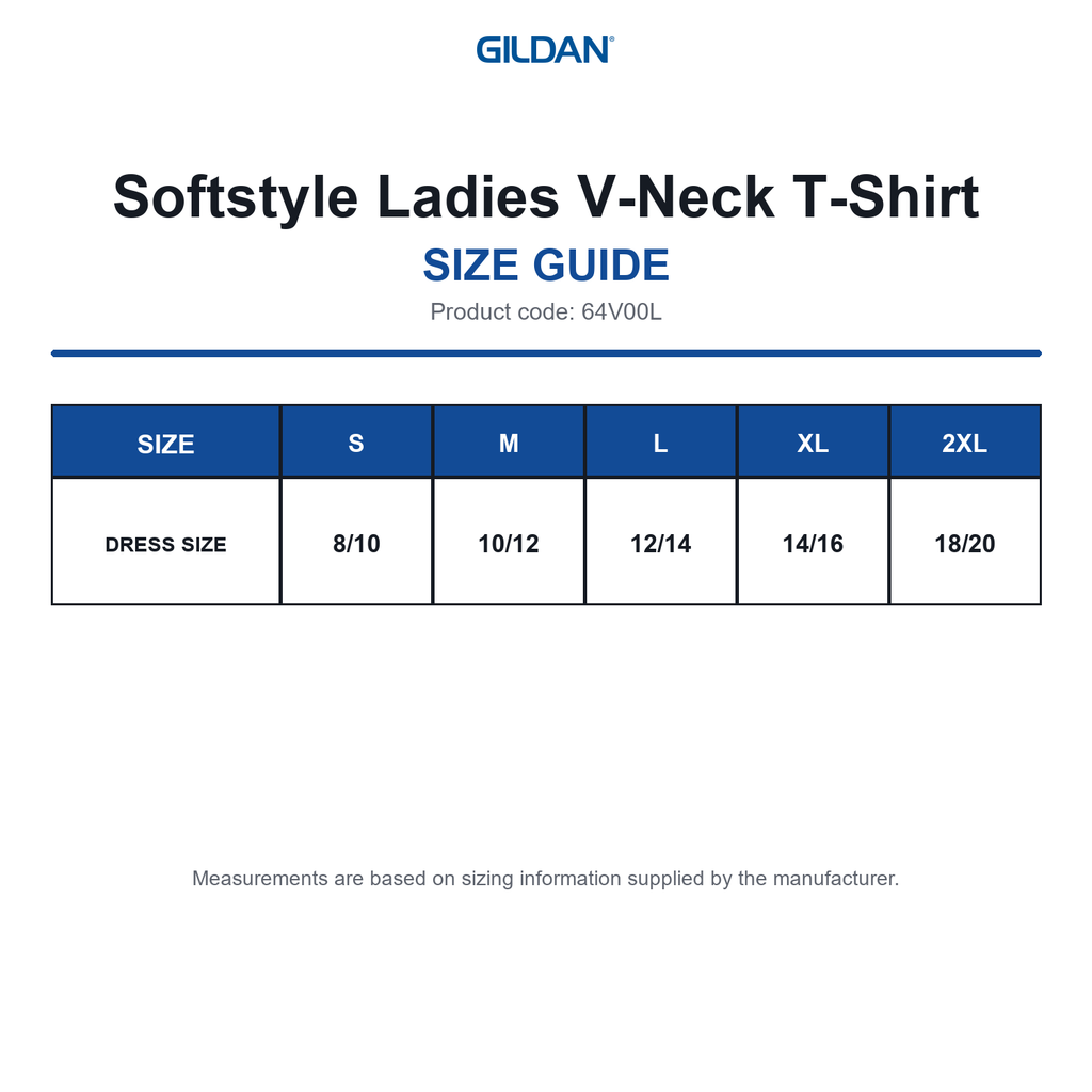 64V00L Gildan Softstyle Ladies V-Neck T-Shirt size guide (64V00L)