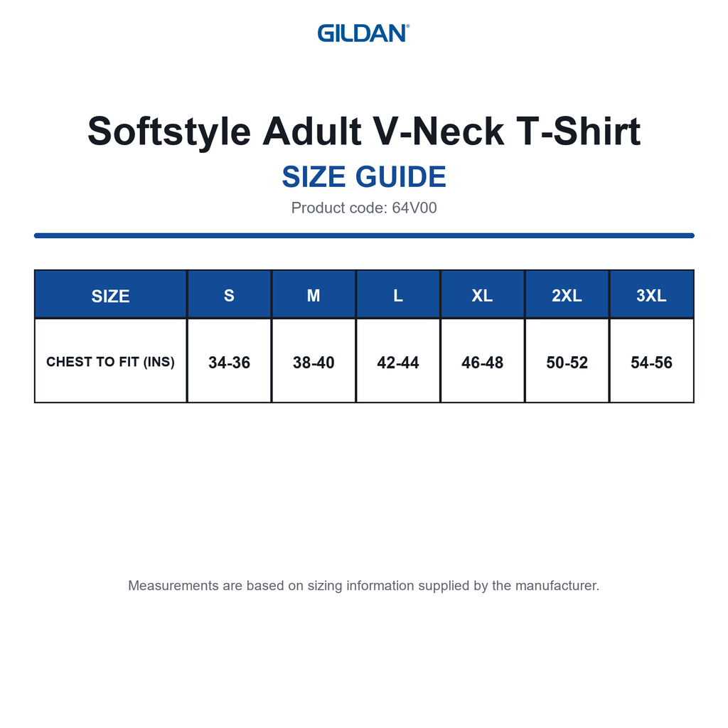 64V00 Gildan Softstyle Adult V-Neck T-Shirt size guide (64V00)
