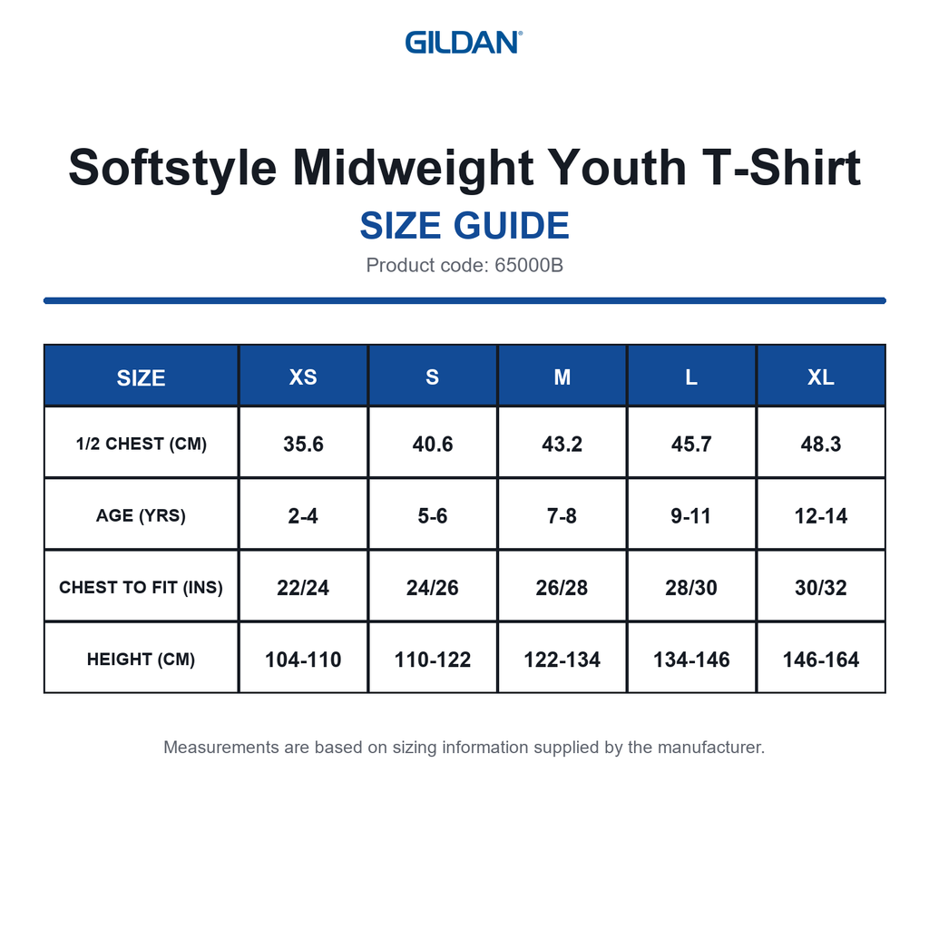 65000B Gildan Softstyle Midweight Youth T-Shirt size guide (65000B)