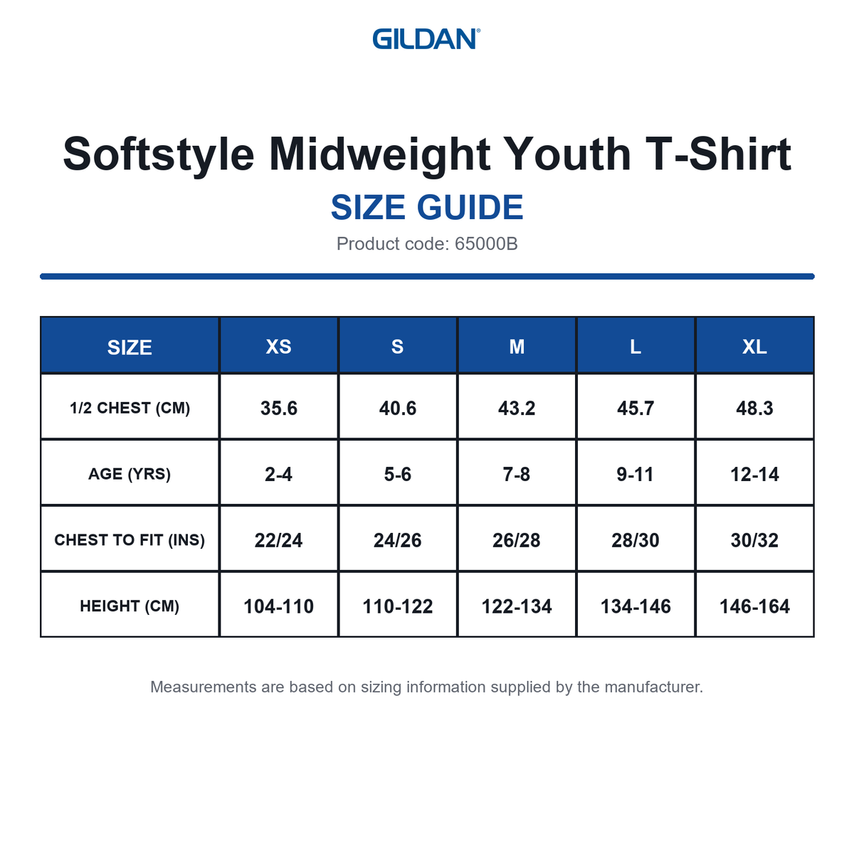 65000B Gildan Softstyle Midweight Youth T-Shirt size guide (65000B)