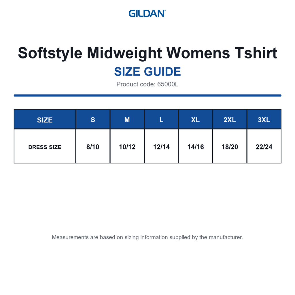 65000L Gildan Softstyle Midweight Womens Tshirt size guide (65000L)