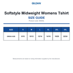 65000L Gildan Softstyle Midweight Womens Tshirt size guide (65000L)