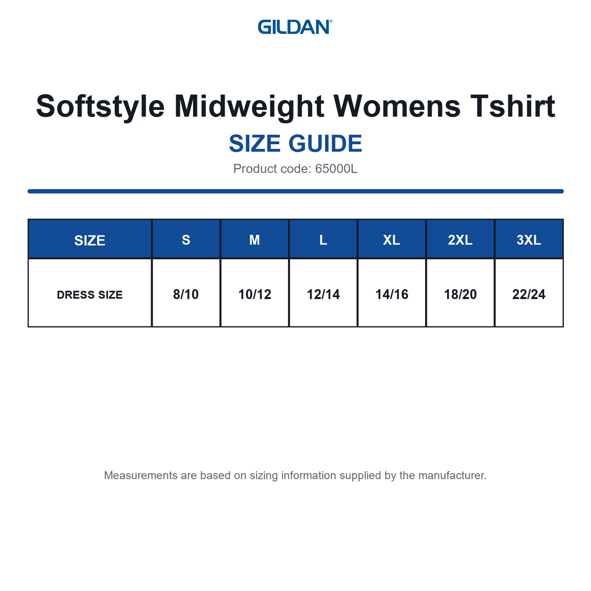 65000L Gildan Softstyle Midweight Womens Tshirt size guide (65000L)