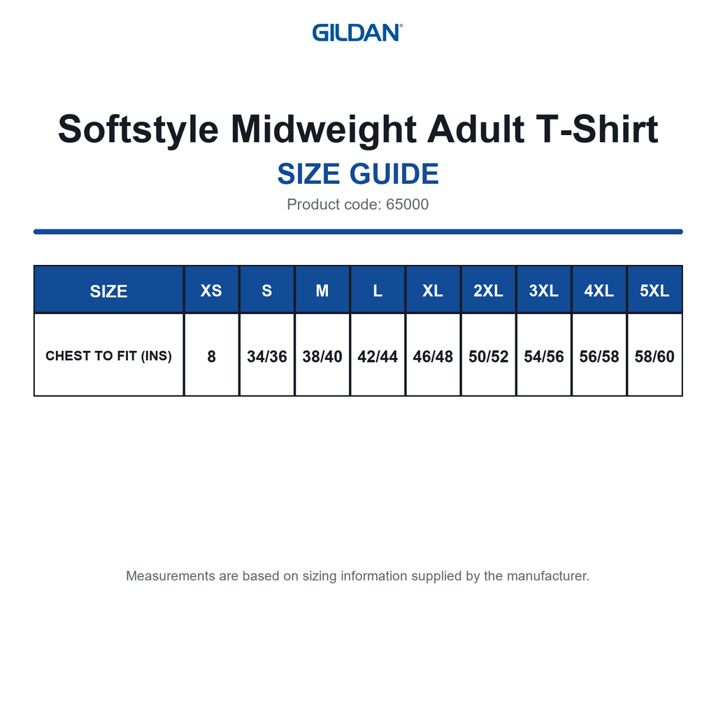65000 Gildan Softstyle Midweight Adult T-Shirt size guide (65000)