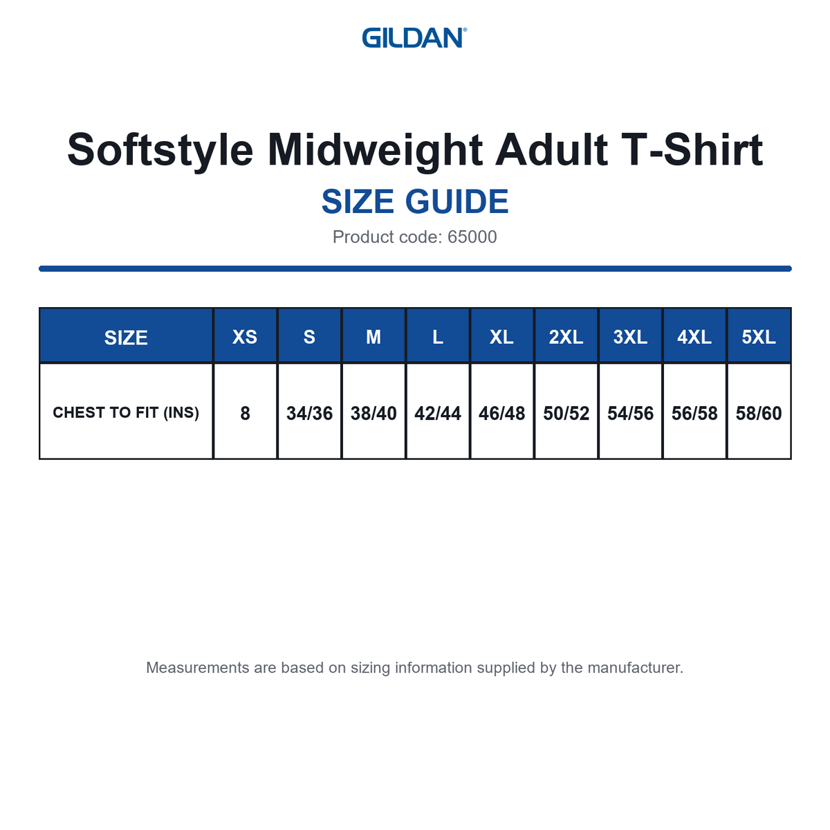 65000 Gildan Softstyle Midweight Adult T-Shirt size guide (65000)