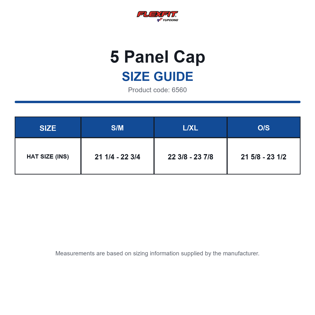 6560 Flexfit 5 Panel Cap size guide (6560)