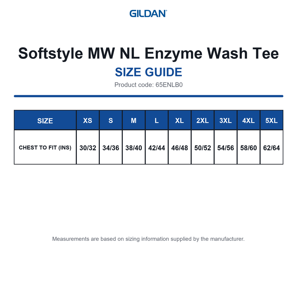 65ENLB0 Gildan Softstyle MW NL Enzyme Wash Tee size guide (65ENLB0)