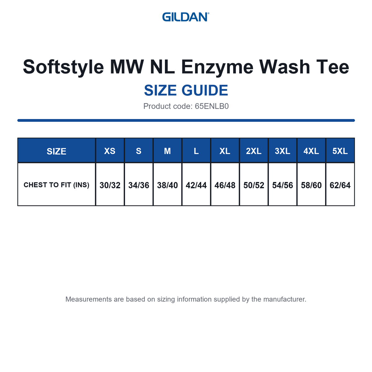 65ENLB0 Gildan Softstyle MW NL Enzyme Wash Tee size guide (65ENLB0)