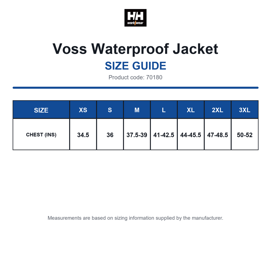 70180 Helly Hansen Voss Waterproof Jacket size guide (70180)
