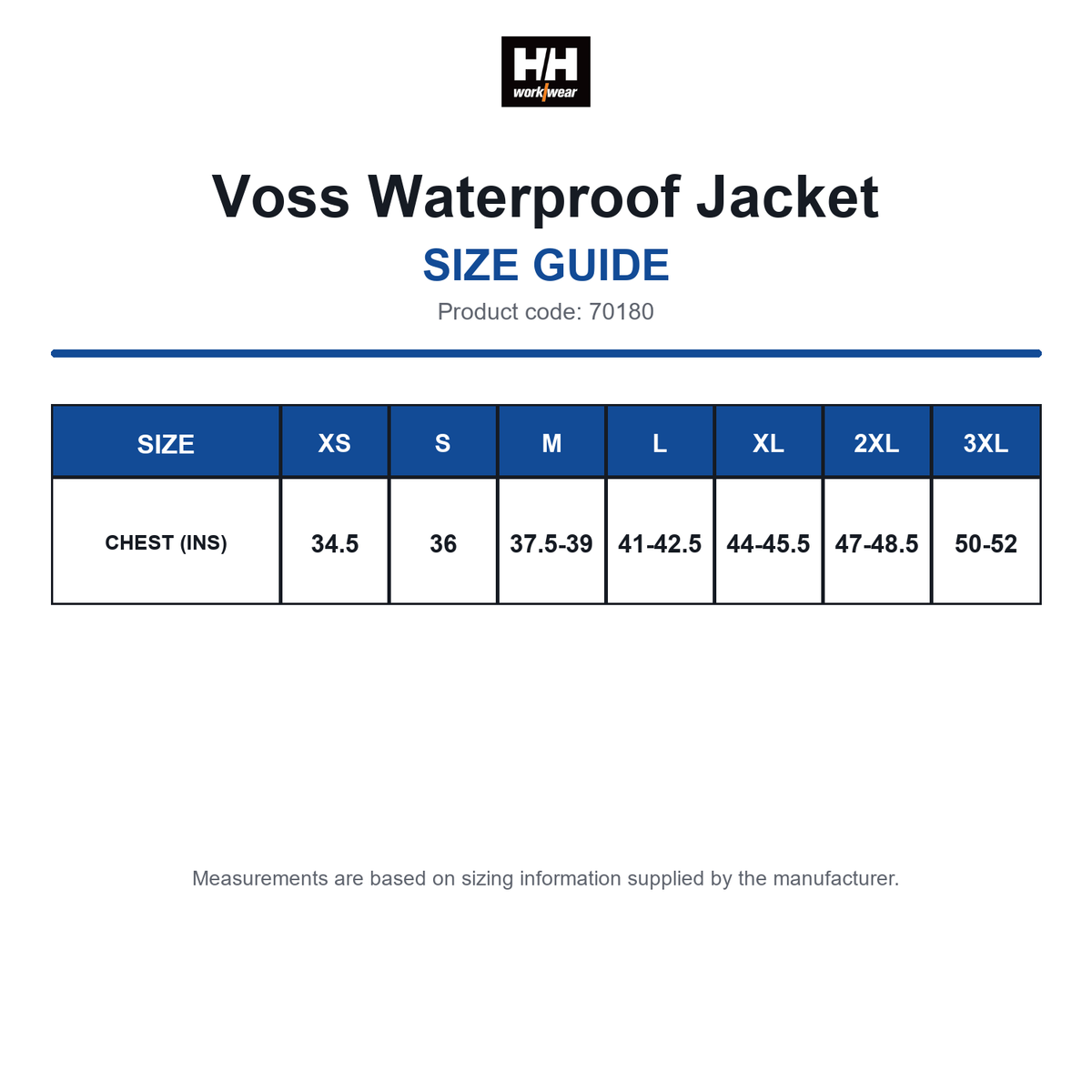 70180 Helly Hansen Voss Waterproof Jacket size guide (70180)
