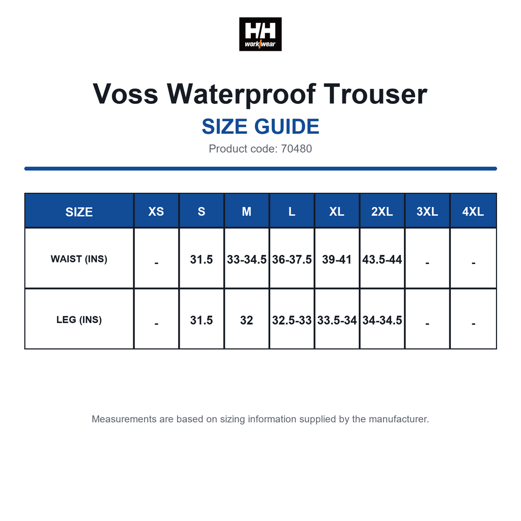 70480 Helly Hansen Voss Waterproof Trouser size guide (70480)