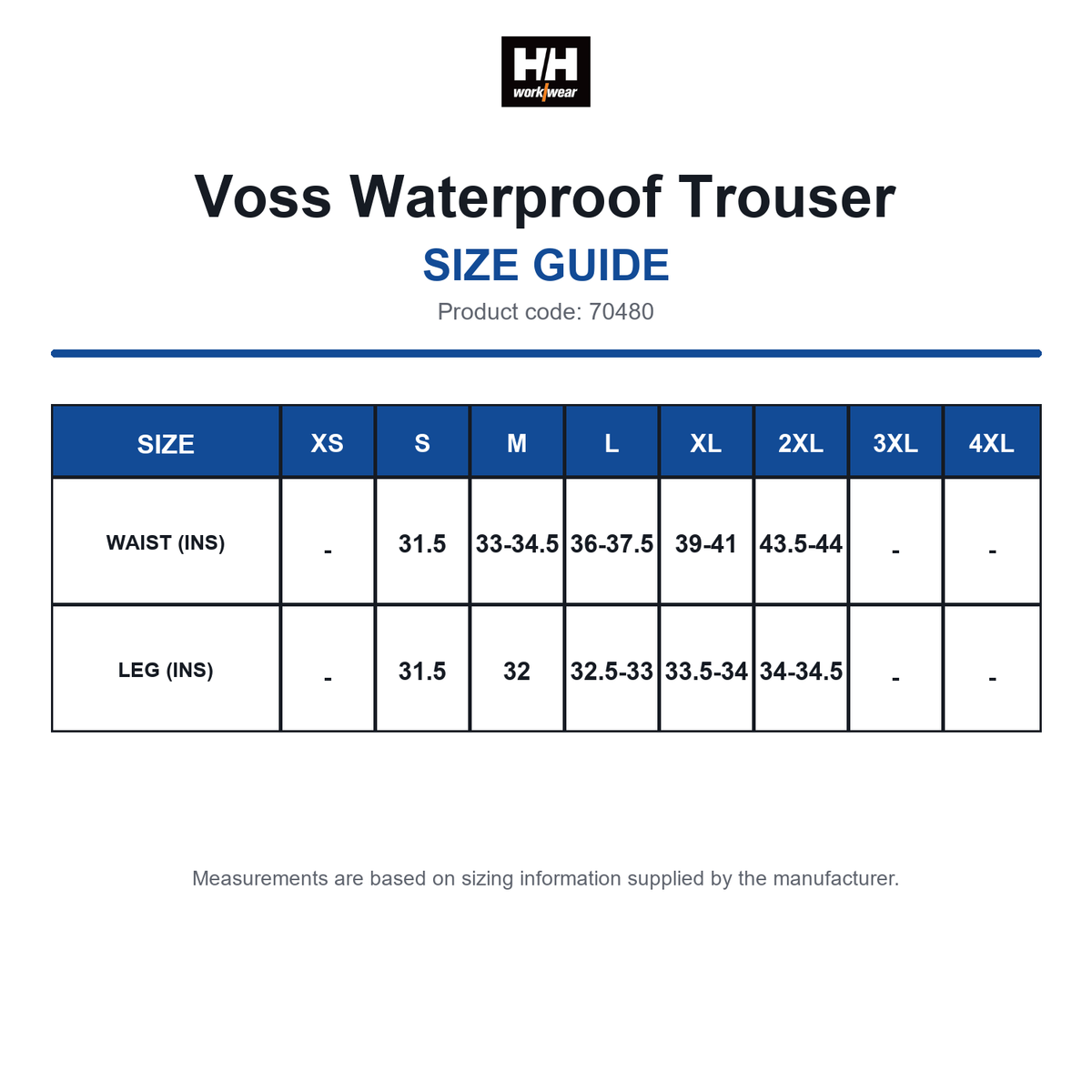 70480 Helly Hansen Voss Waterproof Trouser size guide (70480)