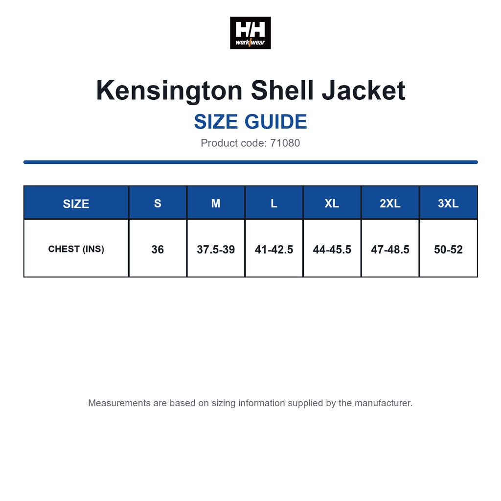71080 Helly Hansen Kensington Shell Jacket size guide (71080)