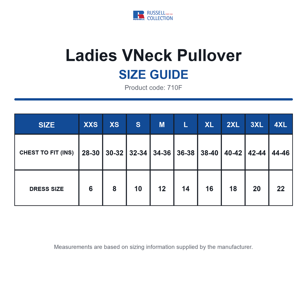 710F Russell Collection Ladies VNeck Pullover size guide (710F)
