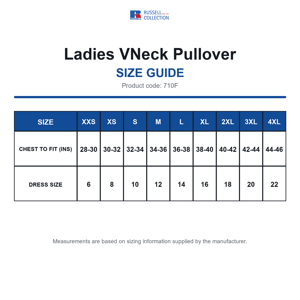 710F Russell Collection Ladies VNeck Pullover size guide (710F)