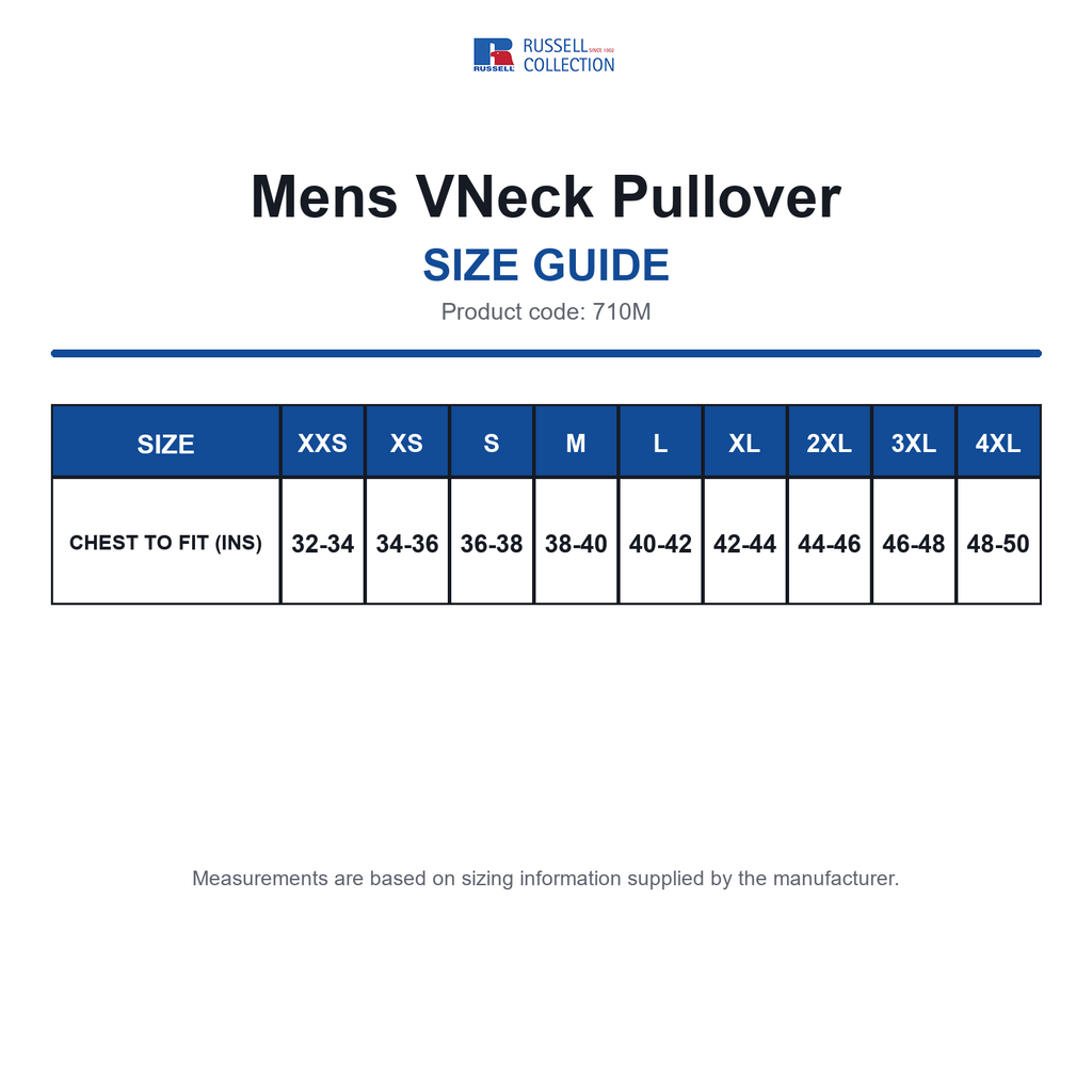 710M Russell Collection Mens VNeck Pullover size guide (710M)