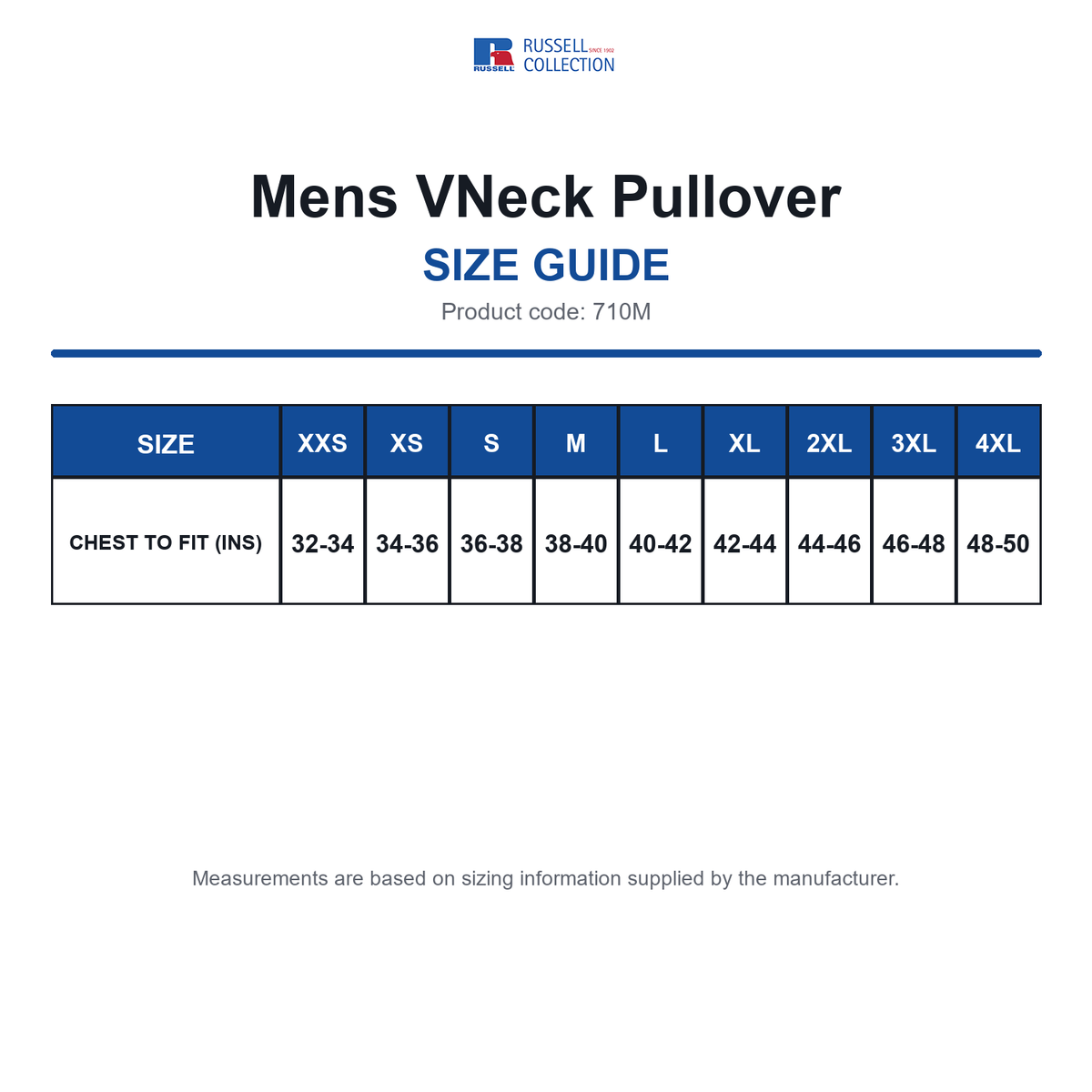 710M Russell Collection Mens VNeck Pullover size guide (710M)
