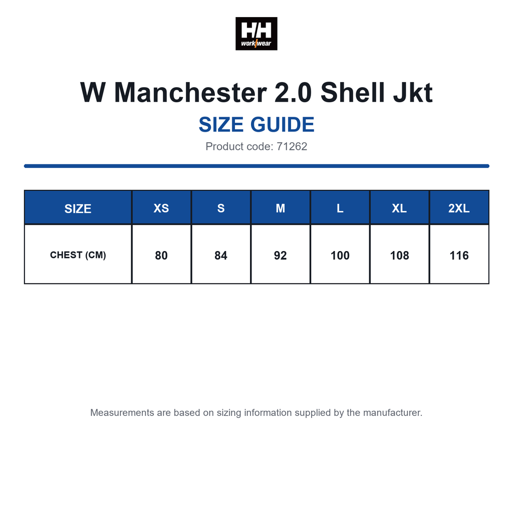 71262 Helly Hansen W Manchester 2.0 Shell Jkt size guide (71262)