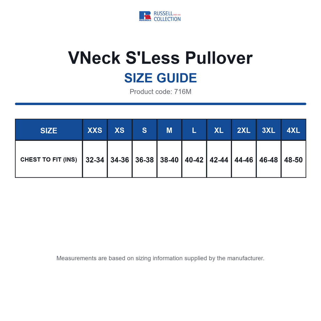 716M Russell Collection VNeck S'Less Pullover size guide (716M)