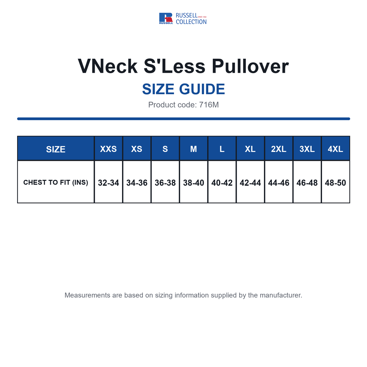 716M Russell Collection VNeck S'Less Pullover size guide (716M)