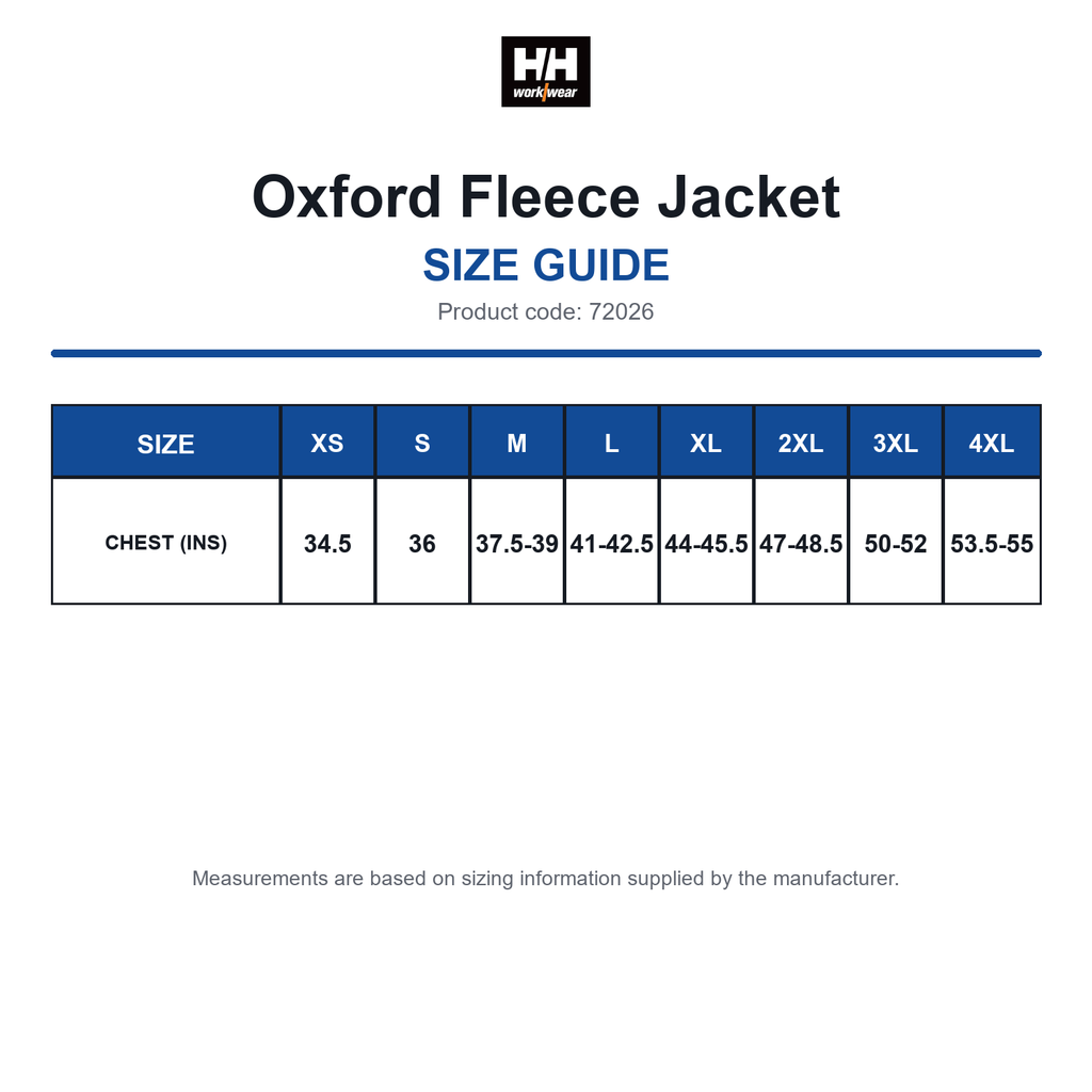 72026 Helly Hansen Oxford Fleece Jacket size guide (72026)