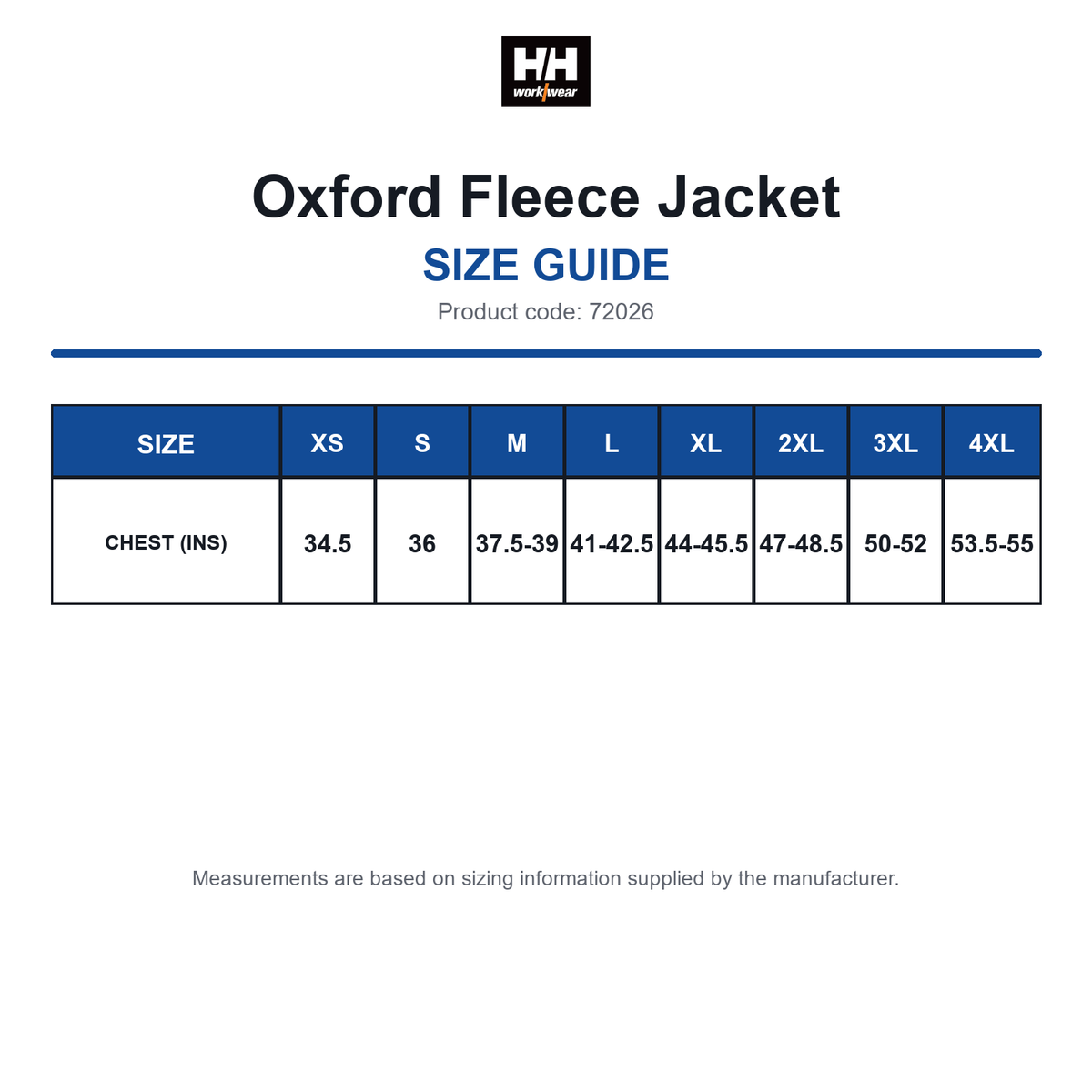 72026 Helly Hansen Oxford Fleece Jacket size guide (72026)