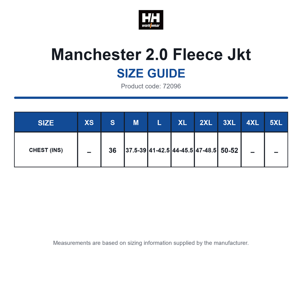 72096 Helly Hansen Manchester 2.0 Fleece Jkt size guide (72096)