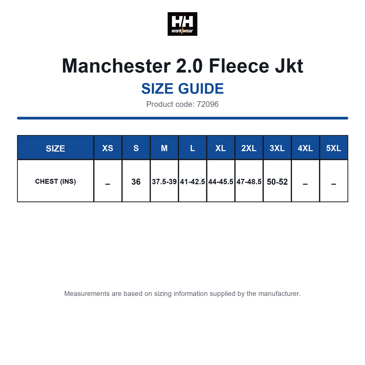 72096 Helly Hansen Manchester 2.0 Fleece Jkt size guide (72096)