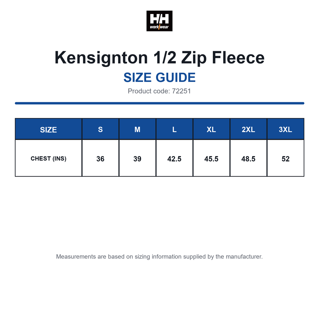 72251 Helly Hansen Kensignton 1/2 Zip Fleece size guide (72251)