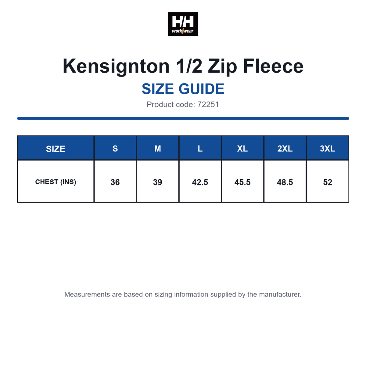 72251 Helly Hansen Kensignton 1/2 Zip Fleece size guide (72251)