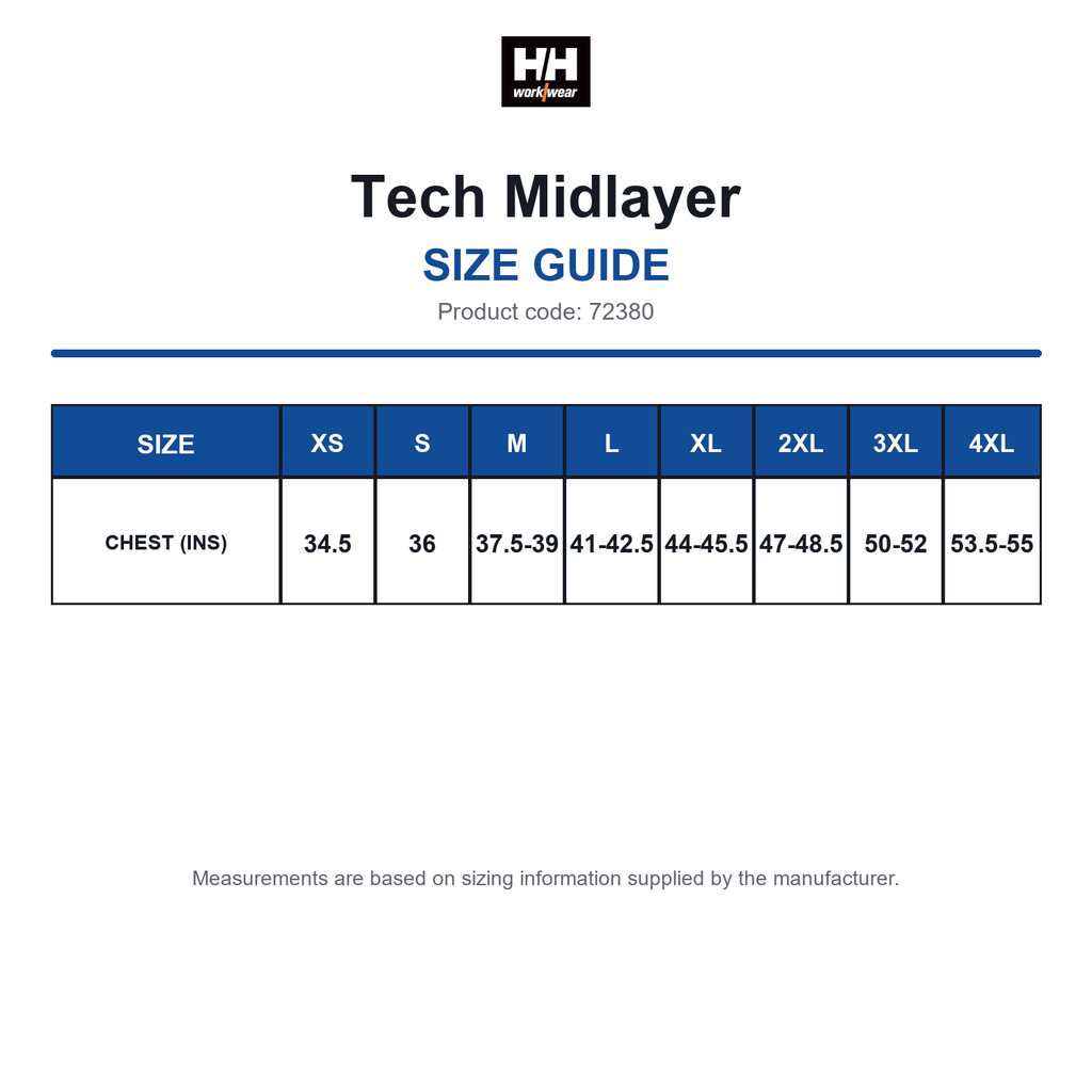 72380 Helly Hansen Tech Midlayer size guide (72380)
