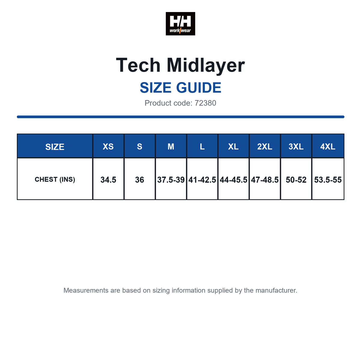 72380 Helly Hansen Tech Midlayer size guide (72380)
