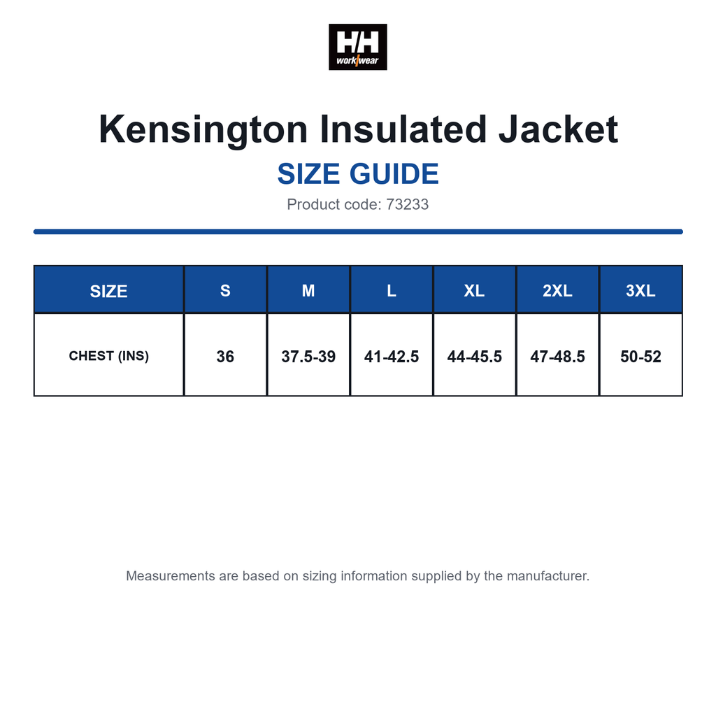 73233 Helly Hansen Kensington Insulated Jacket size guide (73233)