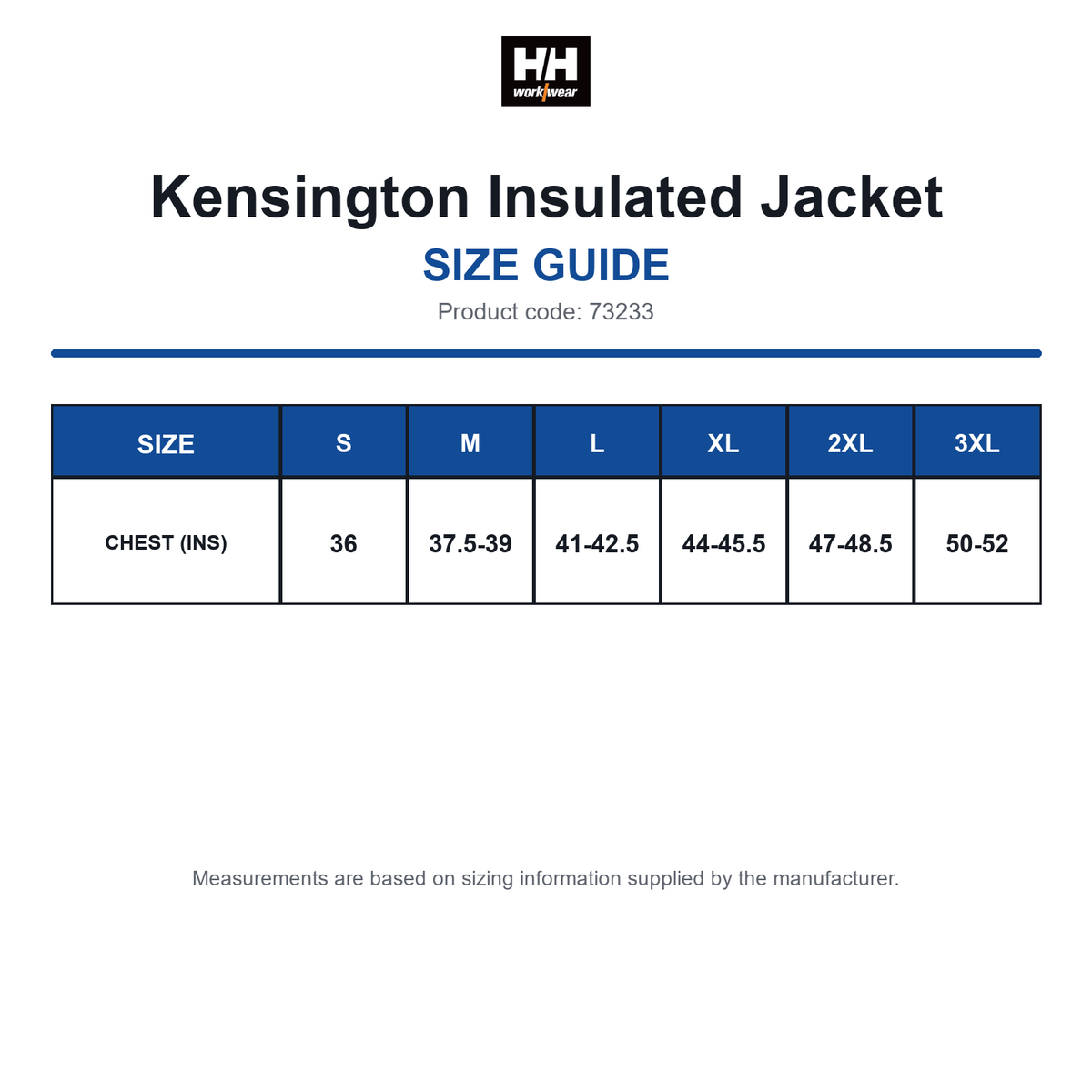 73233 Helly Hansen Kensington Insulated Jacket size guide (73233)