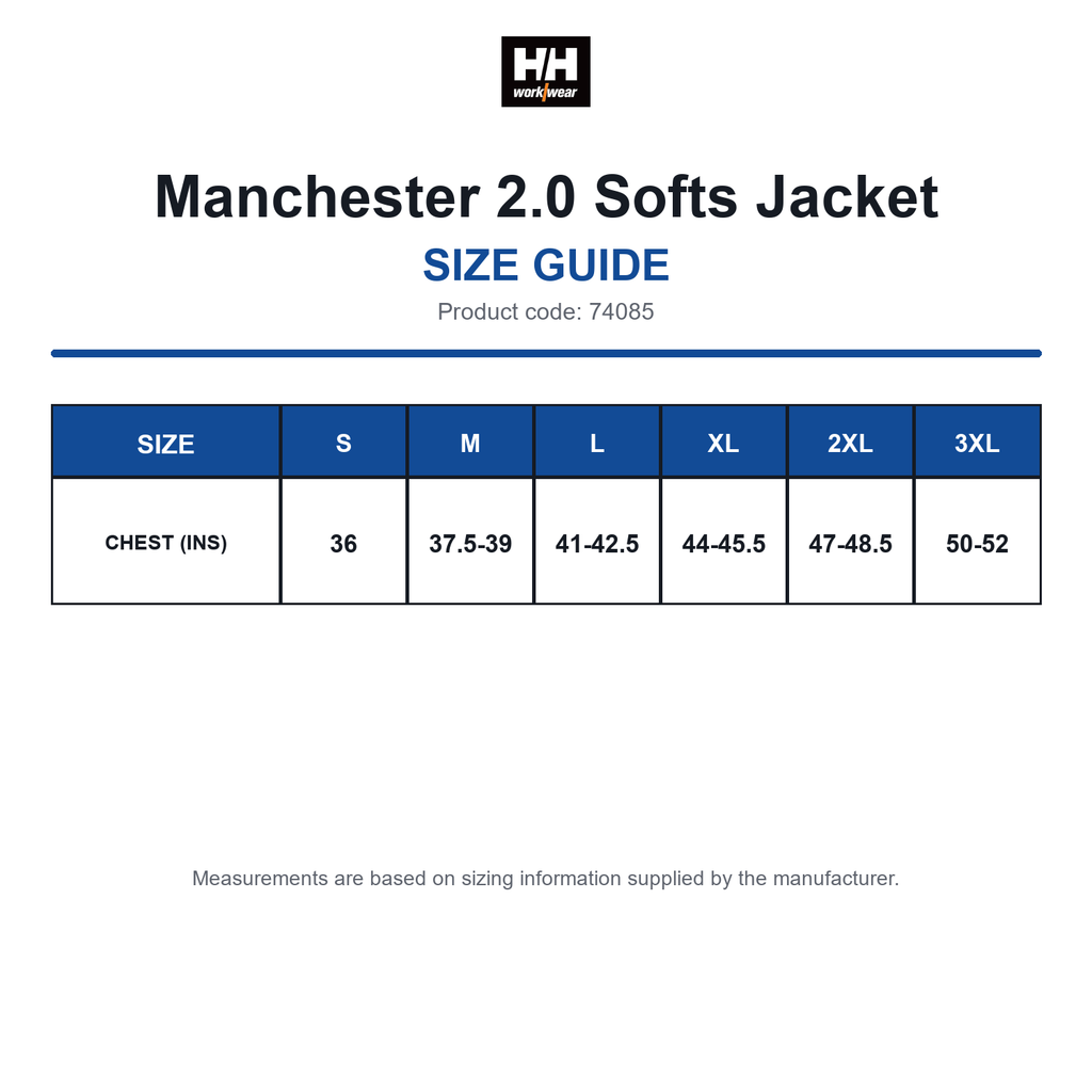 74085 Helly Hansen Manchester 2.0 Softs Jacket size guide (74085)