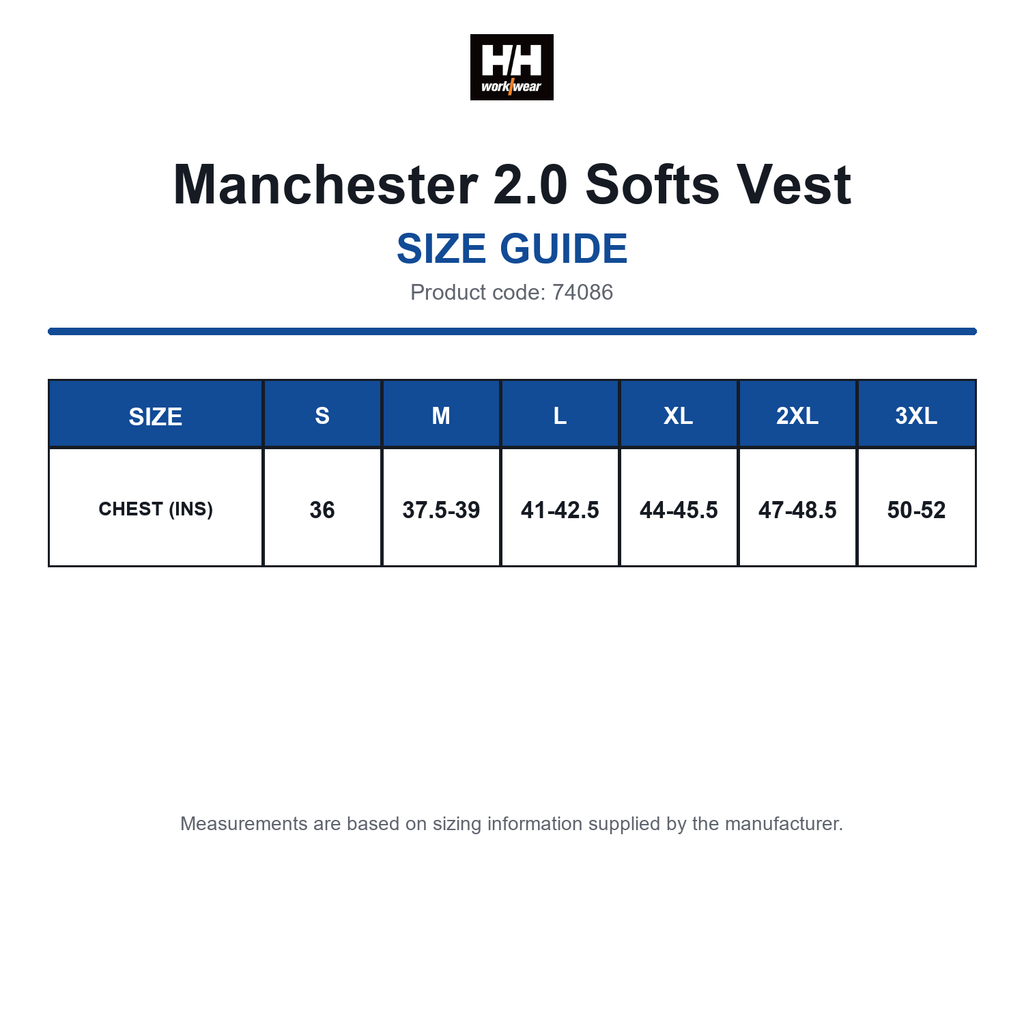 74086 Helly Hansen Manchester 2.0 Softs Vest size guide (74086)