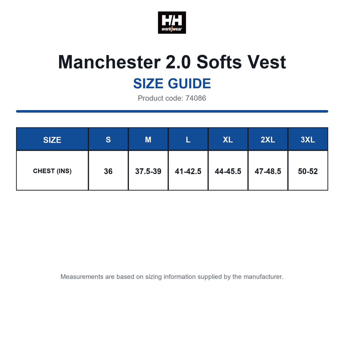 74086 Helly Hansen Manchester 2.0 Softs Vest size guide (74086)