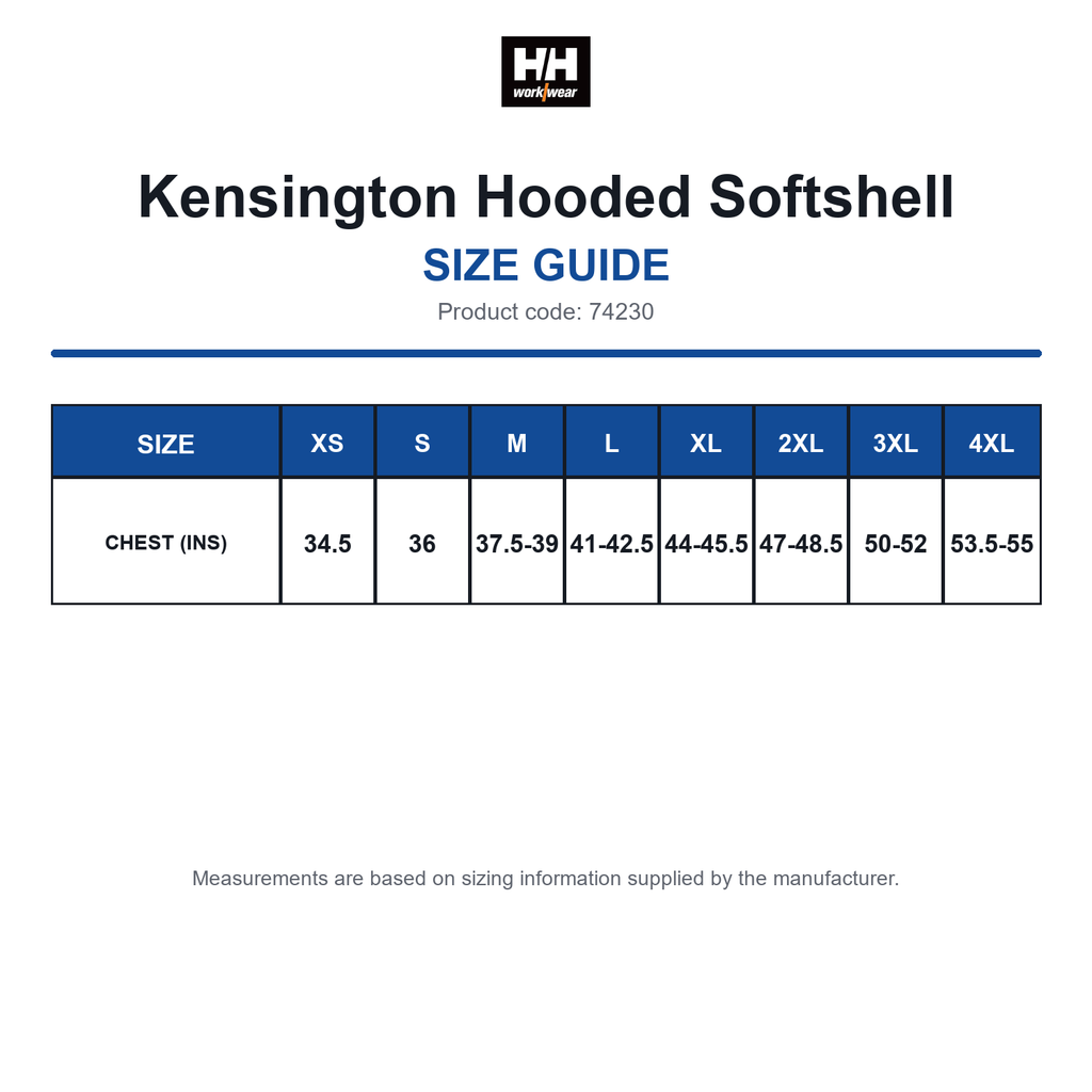74230 Helly Hansen Kensington Hooded Softshell size guide (74230)