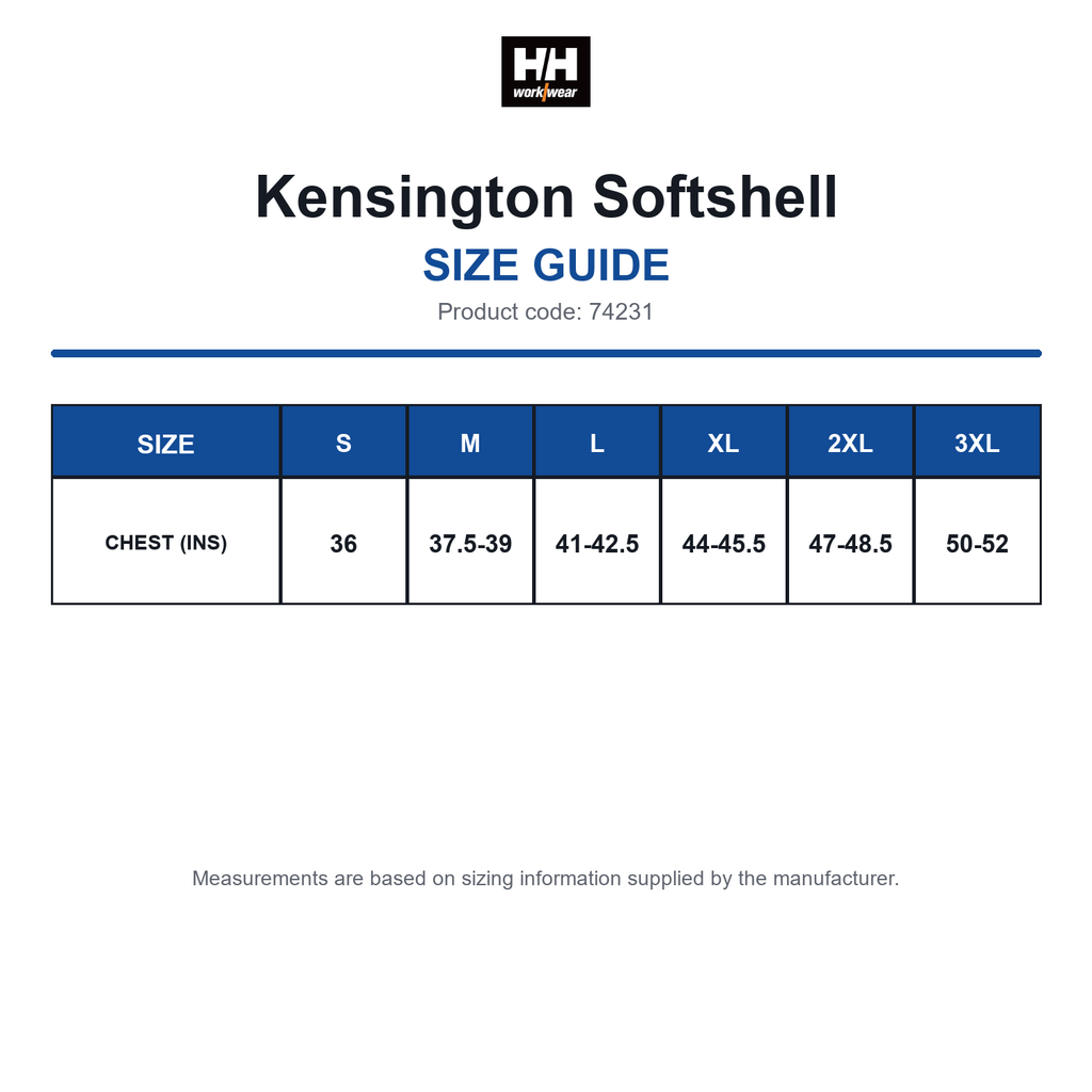 74231 Helly Hansen Kensington Softshell size guide (74231)