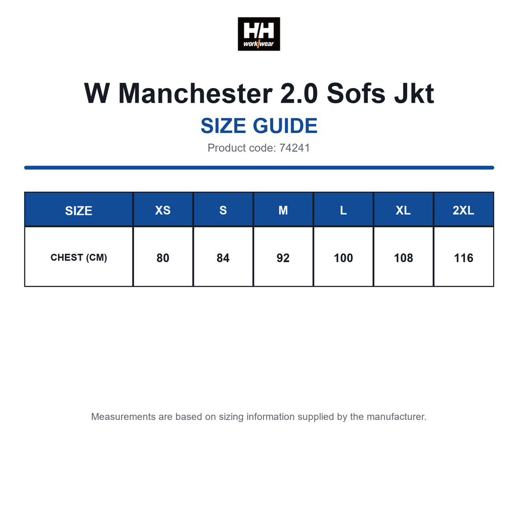 74241 Helly Hansen W Manchester 2.0 Sofs Jkt size guide (74241)