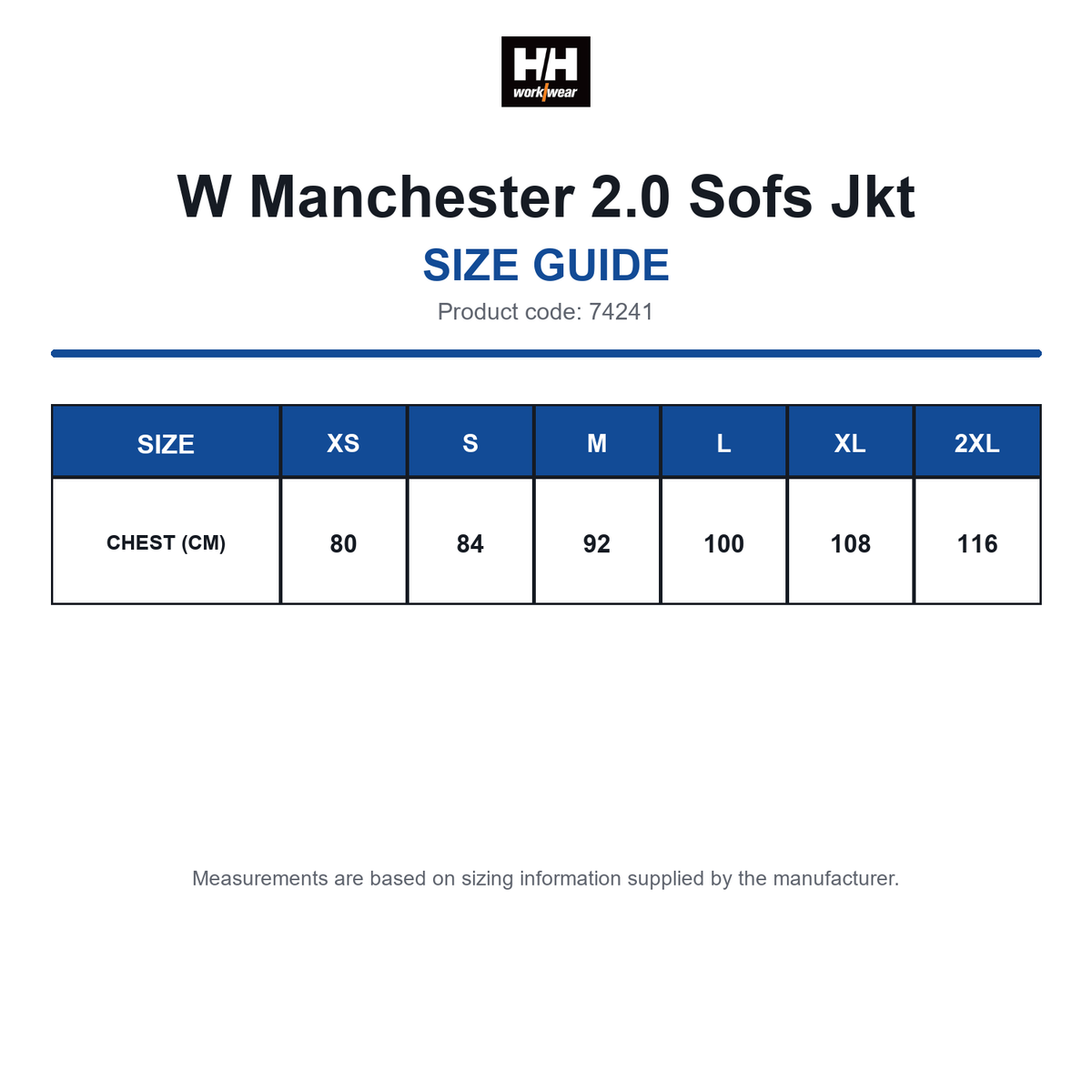 74241 Helly Hansen W Manchester 2.0 Sofs Jkt size guide (74241)