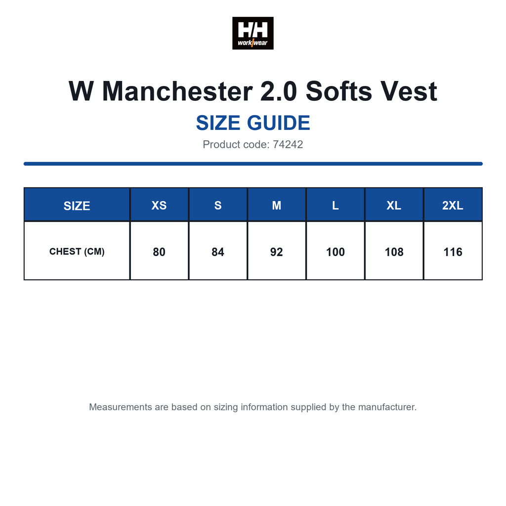 74242 Helly Hansen W Manchester 2.0 Softs Vest size guide (74242)