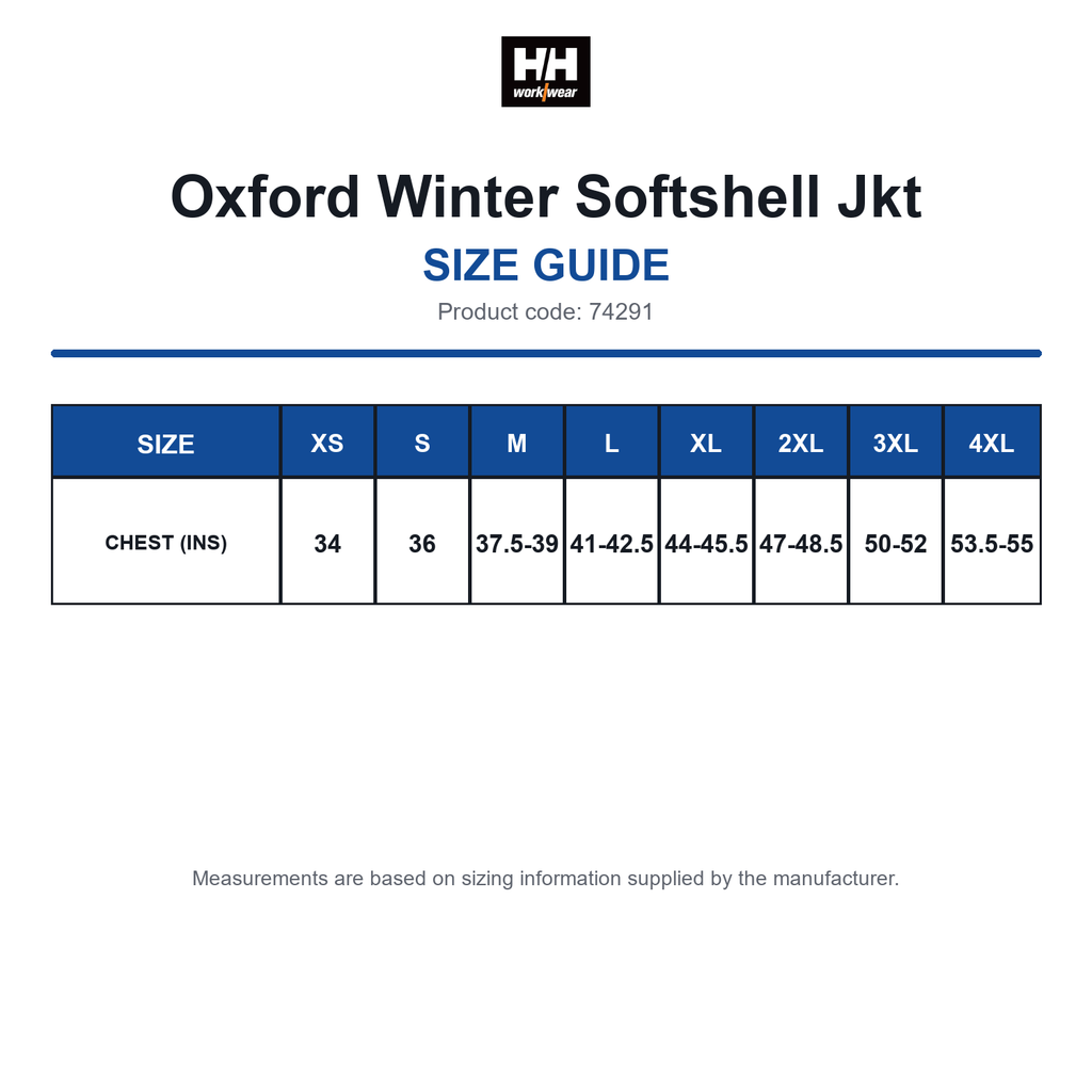 74291 Helly Hansen Oxford Winter Softshell Jkt size guide (74291)
