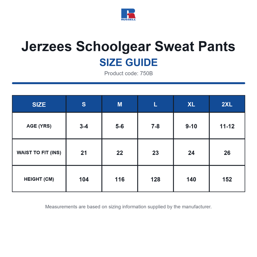 750B Jerzees Schoolgear Sweat Pants size guide (750B)