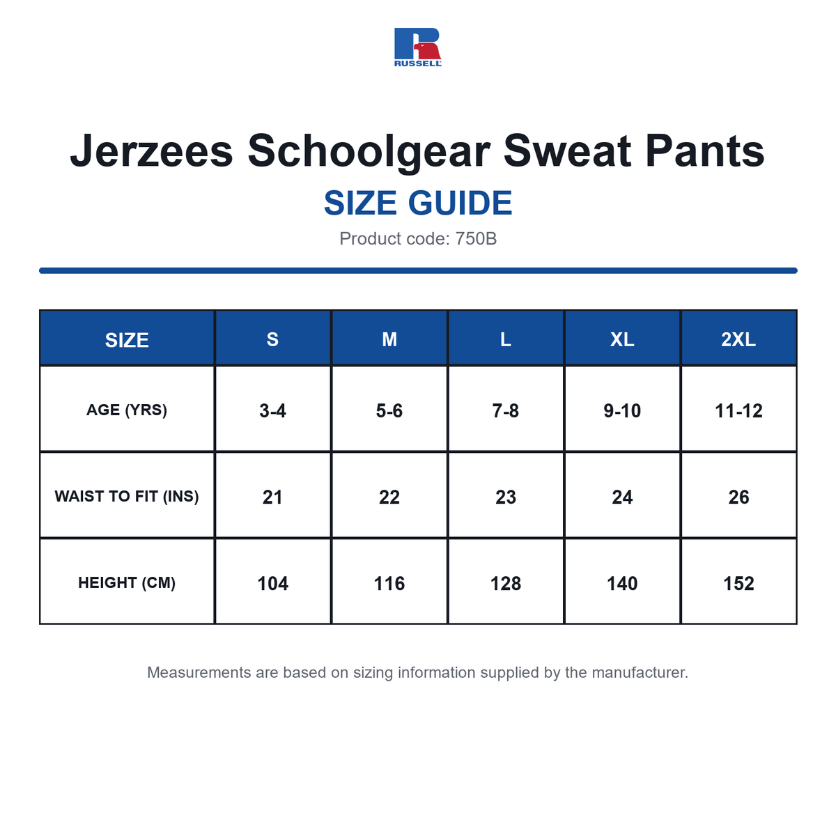 750B Jerzees Schoolgear Sweat Pants size guide (750B)