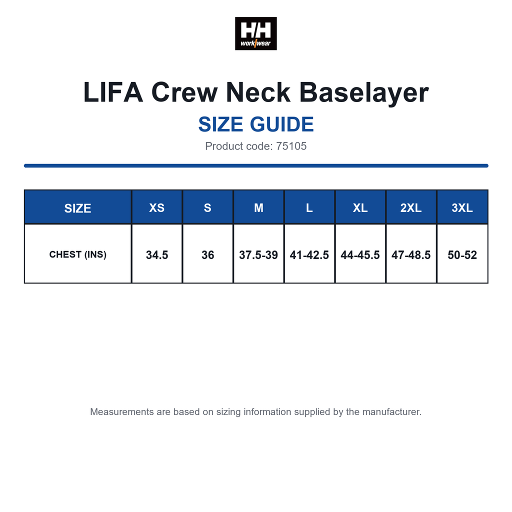 75105 Helly Hansen LIFA Crew Neck Baselayer size guide (75105)