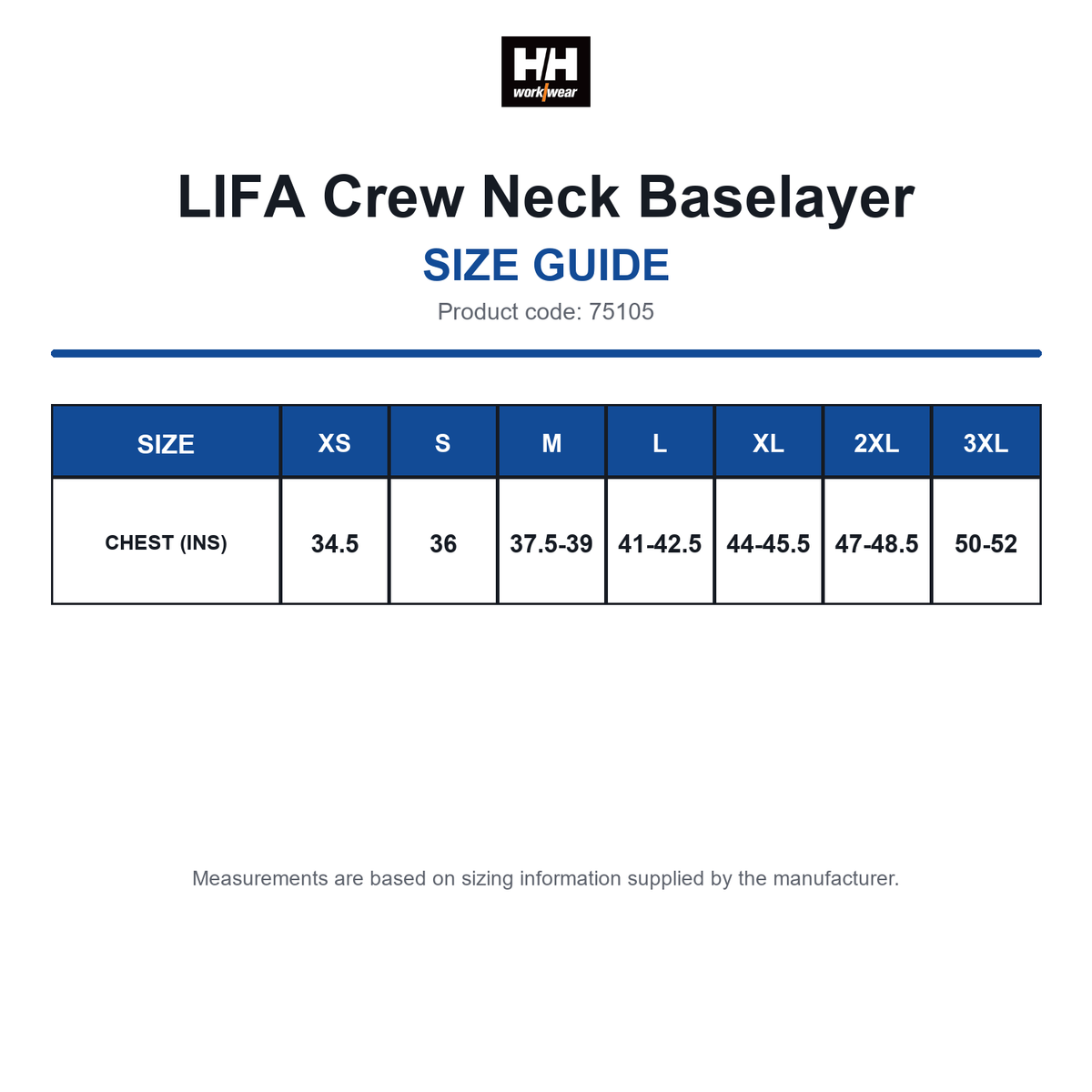 75105 Helly Hansen LIFA Crew Neck Baselayer size guide (75105)