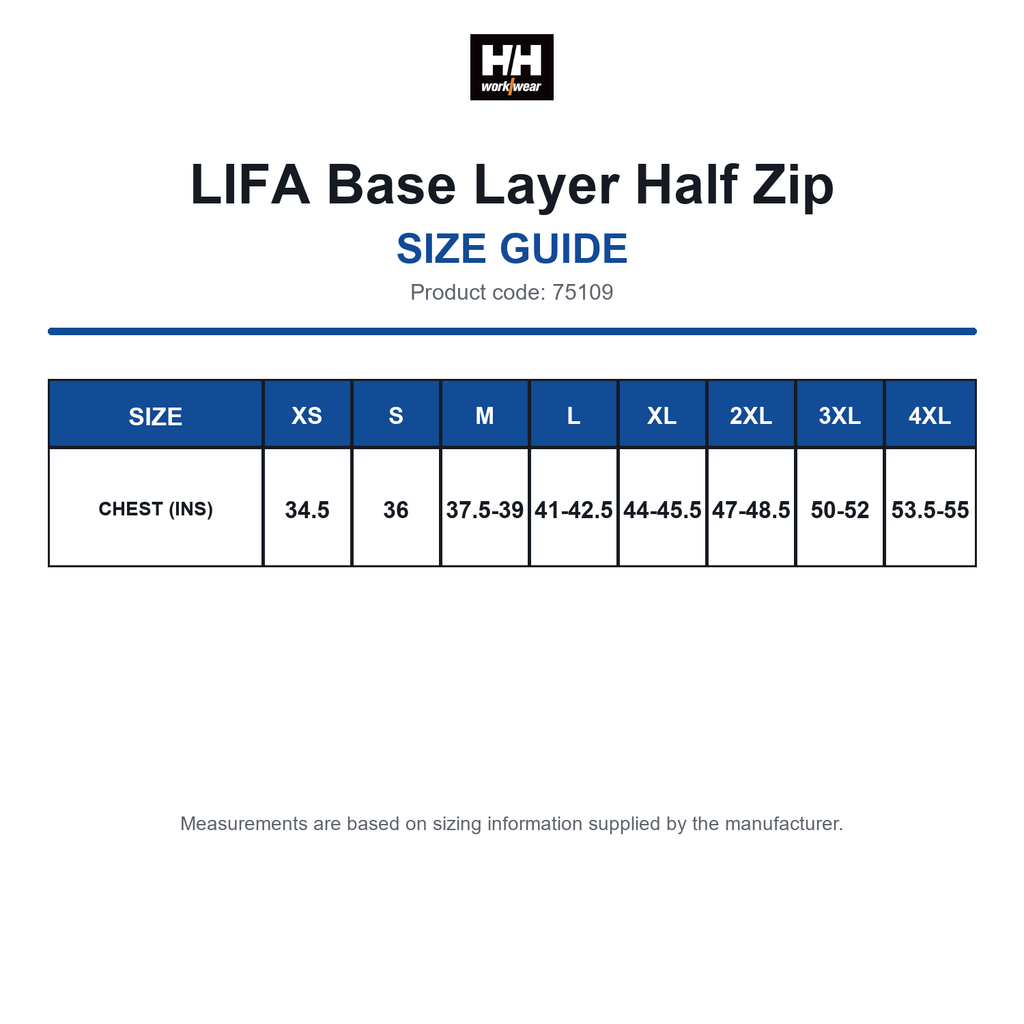 75109 Helly Hansen LIFA Base Layer Half Zip size guide (75109)